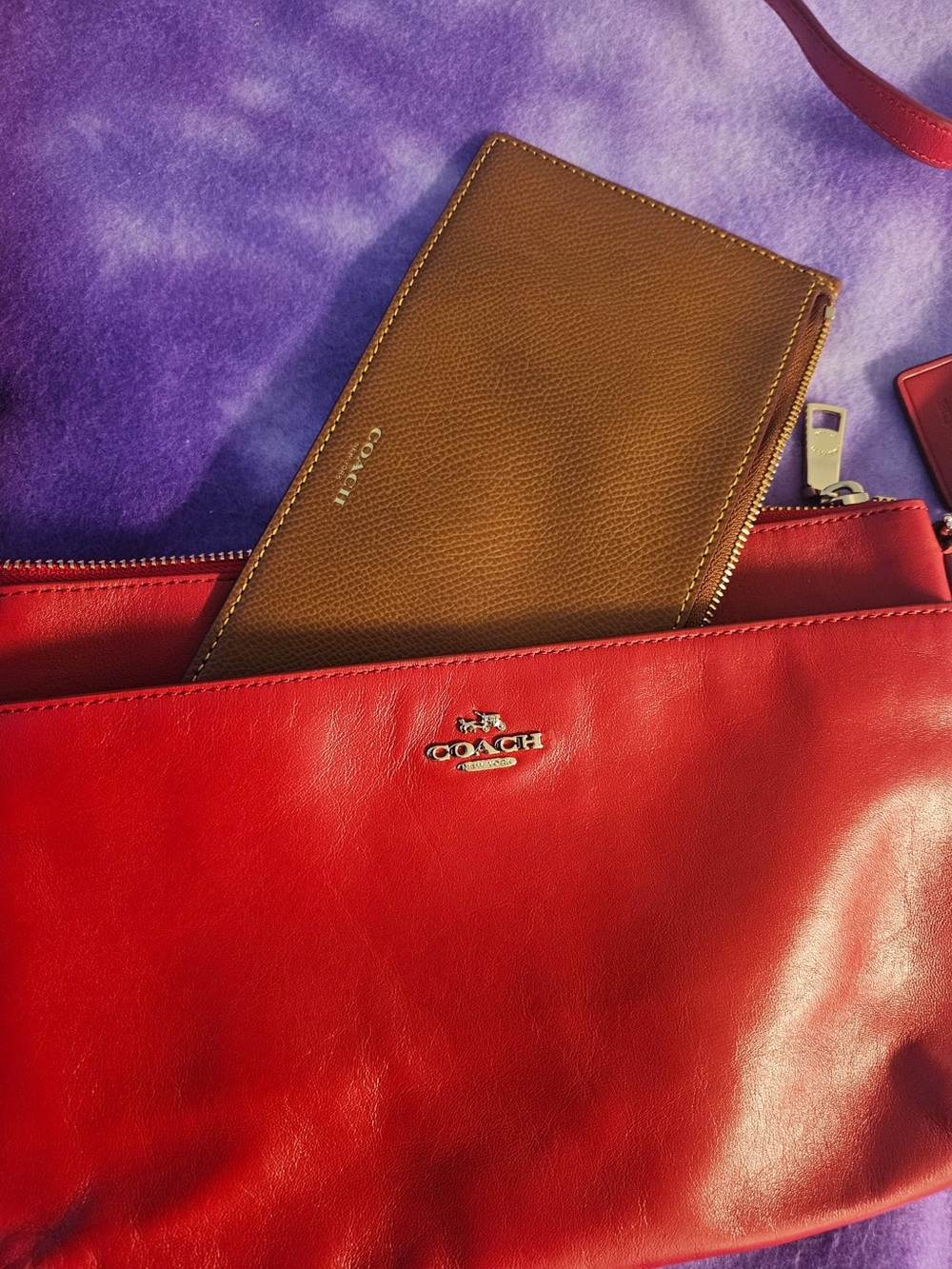 Coach Red Leather Shoulder Bag with Brown Zip Wallet